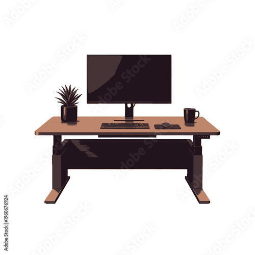 Modern standing desk setup with computer monitor, keyboard, mouse, plant, and coffee mug on a light wooden surface.