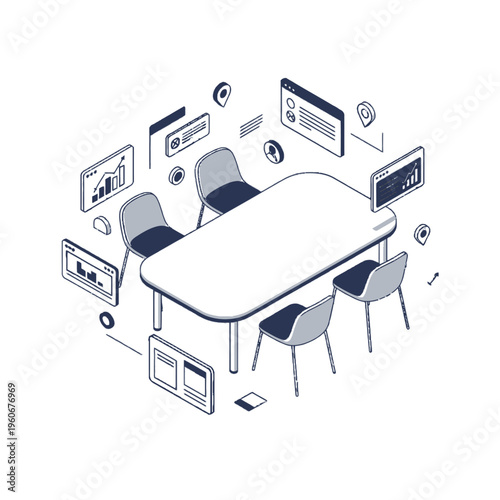 Isometric illustration of a modern business meeting room with floating digital screens displaying data and analytics for collaboration.