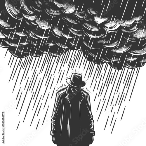 sad man standing under a dark rain cloud, symbolizing depression, loneliness, and emotional hardship sketch engraving generative ai vector illustration. Scratch board imitation. Black and white image.