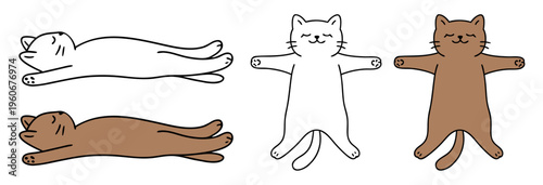 Cat in Savasana and Yogic Sleep pose, side and overhead views,  colorful and transparent design, vector set