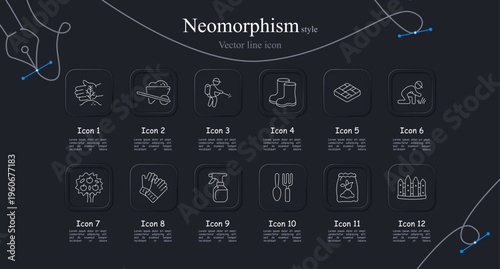 Gardening work set icon. Hand planting seedling, wheelbarrow soil, rake cultivation, rubber boots, seed tray, ground inspection, fruit tree harvest, protective gloves, spray watering