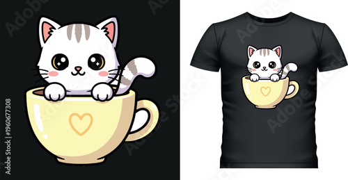 Cute cartoon cat peeking out of a yellow coffee cup with heart.