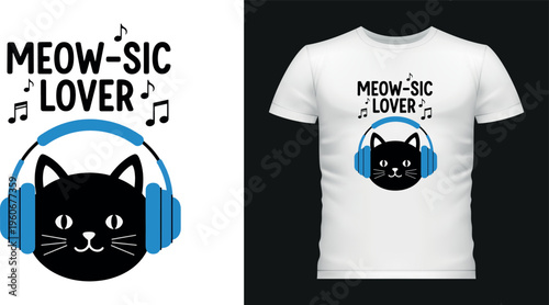 Black cat head wearing headphones, meow-sic lover text.