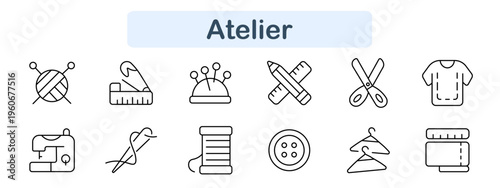 Atelier set icon. Yarn ball, ruler, pin cushion, scissors, shirt, sewing machine, needle, thread spool, button, hanger, tailoring accessories, textile craft tools, workshop line icons