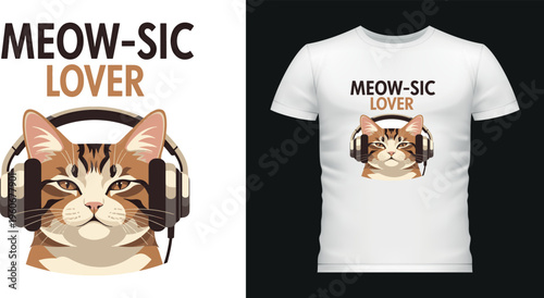 Cat listening to music with headphones, Meow-sic lover.