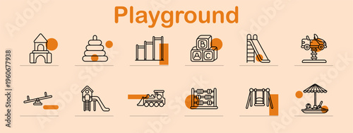 Playground set icon. Line symbols depict castle, stacking rings, climbing bars, alphabet blocks, slide, spring rider, seesaw, play tower, toy train, abacus, swing set, carousel.