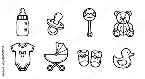 Hand-Drawn Baby Icon Set — Outline Illustrations of Bottle, Pacifier, Rattle, Teddy Bear, Onesie, Stroller, Booties, and Rubber Duck