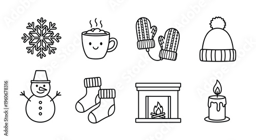 Hand-Drawn Winter Icon Set — Outline Illustrations of Snowflake, Hot Cup, Mittens, Knit Hat, Snowman, Socks, Fireplace, and Candle