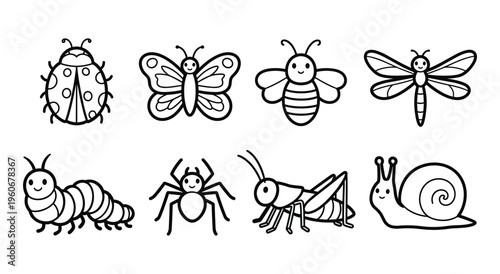 Hand-Drawn Insect and Bug Icon Set — Outline Illustrations of Ladybug, Butterfly, Bee, Dragonfly, Caterpillar, Spider, Grasshopper, and Snail