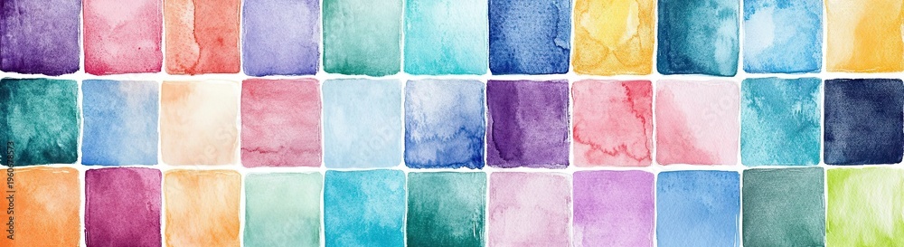 Fototapeta premium An elongated banner composed of many small, colorful watercolor squares arranged in a continuous diverse spectrum