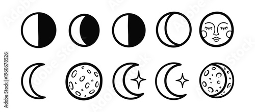 Moon Phase Icon Set — Outline and Silhouette Illustrations of Lunar Cycle, Crescent, Full Moon, and Celestial Face on Black and White Background