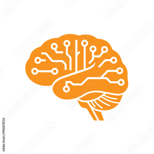 Orange silhouette of the human cerebrum features internal white traces representing a complex computer processing system.