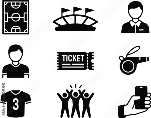 Sports event icon set vector illustration, stadium ticket referee fans player field mobile symbols