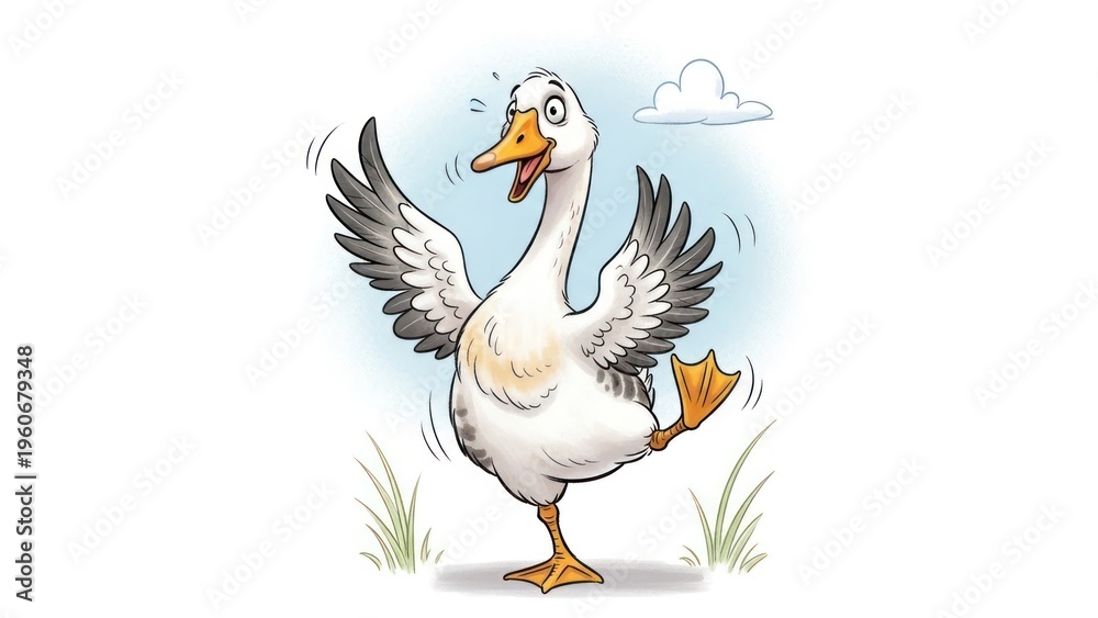 Fototapeta premium Cartoon goose dancing happily on white background with copy space