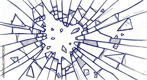 Hand-drawn illustration of shattered glass effect, radial pattern, abstract explosion