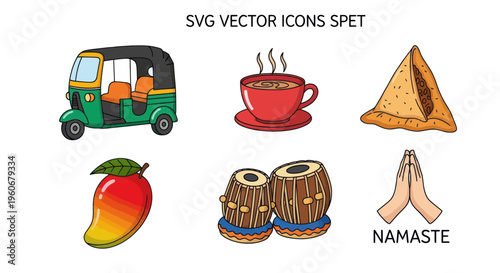 Indian Culture Icons: Tuk-tuk, Samosa, Mango, Coffee, Tabla Drums, Namaste