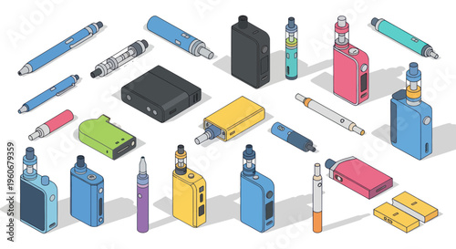 Assorted Electronic Cigarettes and Vaping Devices Collection, Isometric Illustration