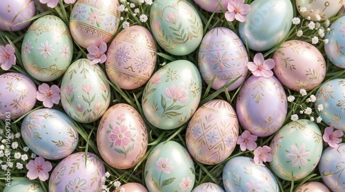 Pastel Easter eggs with floral patterns and gold accents arranged on green grass with pink and white flowers. Elegant festive composition symbolizing spring celebration and holiday tradition