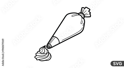 Confectionery Piping Bag With Swirl Frosting, Vector Line Art Illustration