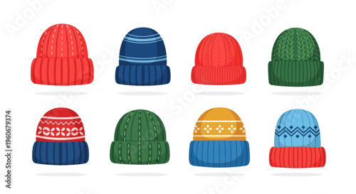 Collection of Warm Knitted Winter Beanies with Diverse Patterns and Colors