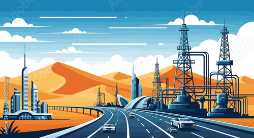 Desert cityscape with oil rigs and highway