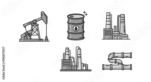 Industrial oil and gas icons set with pump jack, barrel, refinery