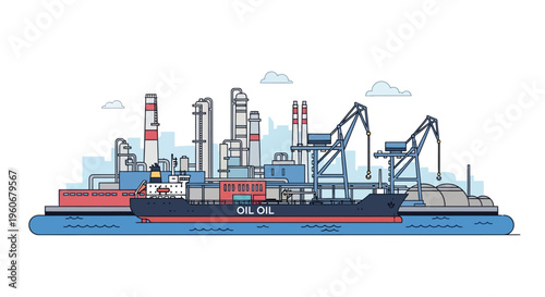 Oil tanker ship near industrial port facility