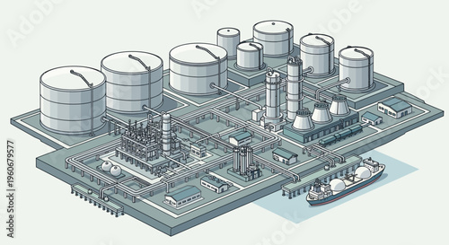Industrial oil refinery with storage tanks and cargo ship