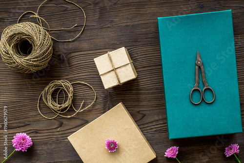 wrapping gifts in box for holiday top view mock up