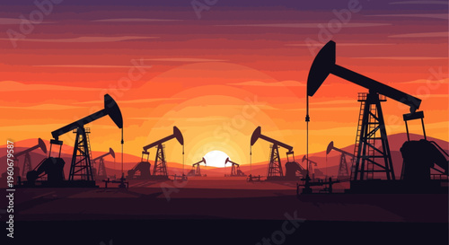 Oil pumps at sunset in industrial landscape