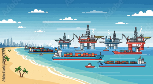Container ships and oil rigs near tropical beach cityscape