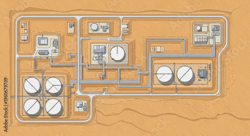 Industrial facility with storage tanks and piping
