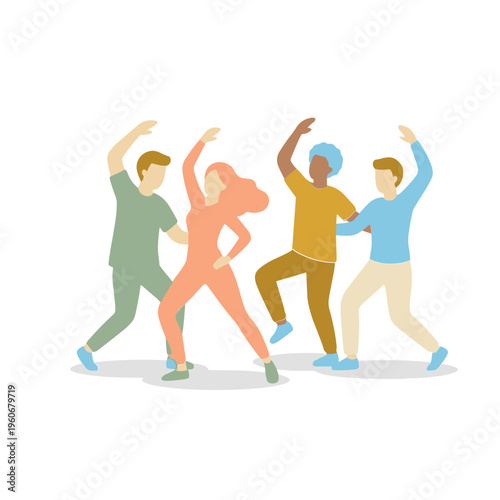 Four people dancing together in a lively social setting with friends