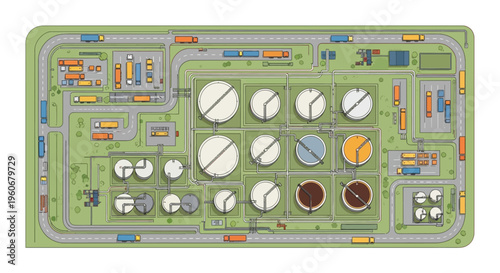 Industrial oil refinery with storage tanks and trucks