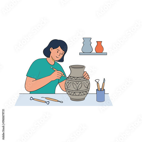 A woman crafts a large clay vase on a worktable indoors with tools.