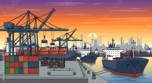 Cargo ships and containers at industrial port during sunset