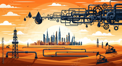 Industrial Oil Pipeline Desert Landscape with City Skyline