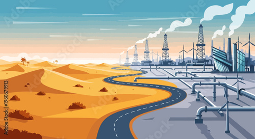 Desert road to industrial area with wind turbines and oil rigs