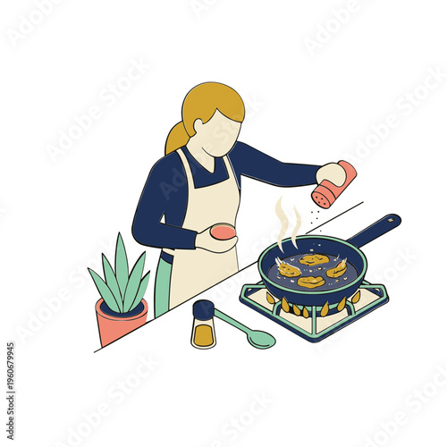 Woman cooking pancakes in a pan on a stove with a plant nearby