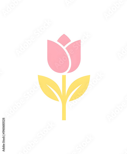 Minimalist Pink Tulip Flower Icon with Yellow Stem and Leaves on White Background