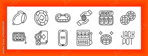 Casino jackpot set icon. Money bag, poker chips, casino token, hand coin, jackpot machine, chip stack, slot machine, playing cards, dice cubes, smartphone slot, gaming device, jackpot text