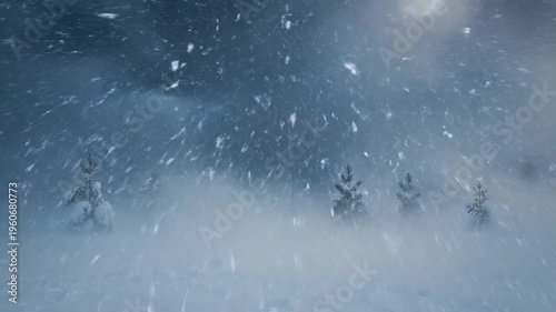 Dramatic winter storm clouds gather over a snow-covered forest landscape