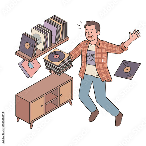 Man jumping excitedly with vinyl records falling from shelf beside cabinet
