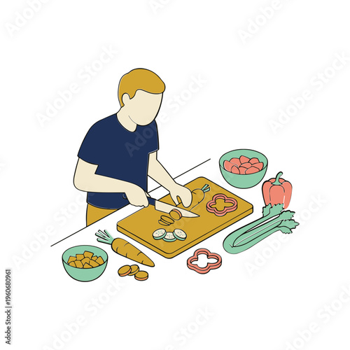 Man preparing food on a kitchen counter with various vegetables and meat