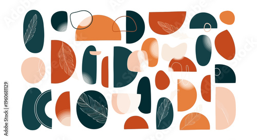 Abstract composition with geometric shapes and feathers