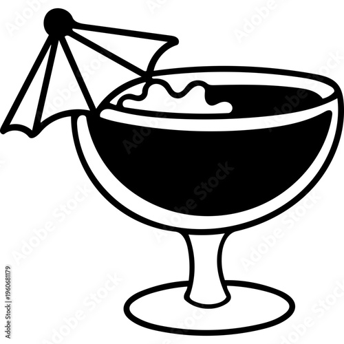 Tropical Cocktail Bowl Umbrella Doodle Black White Line Art Vector Illustration