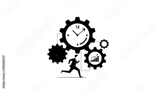Businessman running inside gears time money effort success vector illustration