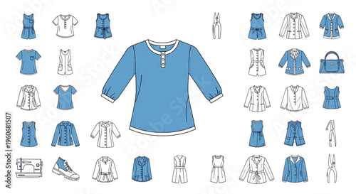 Apparel and Sewing Tools Vector Icon Set – Clothing Accessories Tailor Equipment Blue Outline Collection