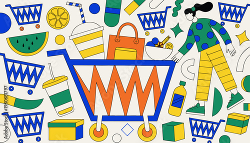 Whimsical Shopping Scene With Overflowing Cart And Shopper