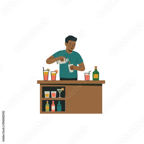 Man pouring drink behind bar with bottles and glasses on counter